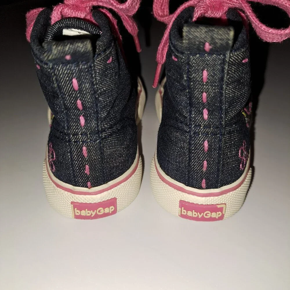 Baby Gap Infant Blue Denim High-Top with Pink Heart Embroidery Shoes-Sneakers